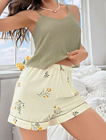 Kadın Ekru Çiçek Baskılı Şortlu Gecelik Pijama Takımı 5099