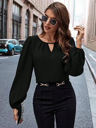 Kadın Uzun Kollu Damla Detaylı Ithal Krep Bluz