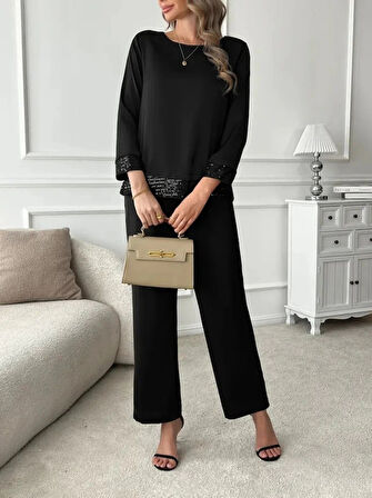 Kadın Uzun Kollu Bisiklet Yaka Pulpayetli Viskon Iki Iplik Bluz Ve Pantolon Ikili Takım