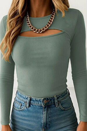 Kadın Uzun Kollu Pencere Detaylı Kaşkorse Bluz