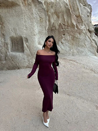 Kadın Uzun Kollu Madonna Yaka Midi Boy Elbise