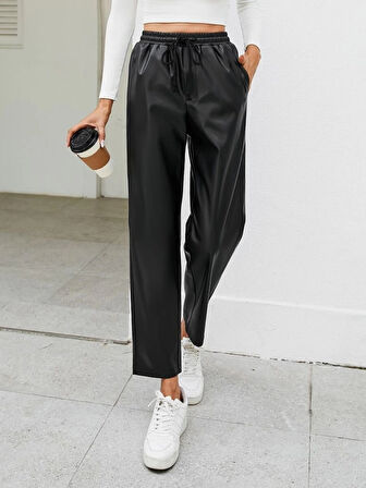 Kadın Yüksel Bel Bağcıklı Deri Pantolon