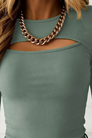 Kadın Uzun Kollu Pencere Detaylı Kaşkorse Bluz