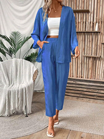 Kadın Uzun Kollu önü Açık Dokuma Ceket Ve Pantolon Ikili Takım