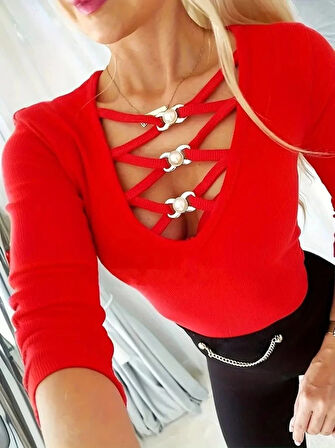 Kadın Uzun Kollu Yakadan çapraz Detaylı Kaşkorse Bluz