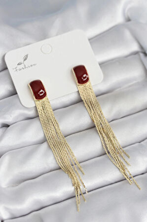 Sallantılı Bordo Mineli Gold Renk Kadın Küpe