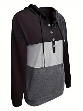 Kadın Uzun Kollu Kapşonlu çok Renkli Iki Iplik Bluz