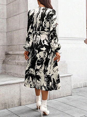 Kadın Uzun Kollu Kruvaze Yakalı Yandan Bağlamalı Desenli Mini Modal Elbise