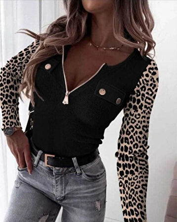 Kadın Uzun Kollu Leopar Desenli Fermuarlı önden Cep Ve Düğme Detaylı Kaşkorse Bluz