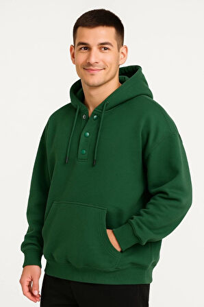 Erkek Ovarsize Kapüşonlu Swetshirt Kanguru Çepli Cıtcıtlı 3 Iplik Şardonlu Hoodie - Haki