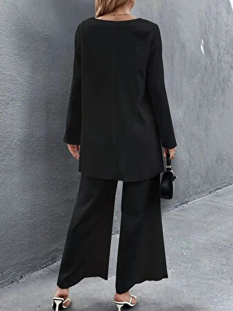 Kadın Uzun Kollu Asimetrik Detaylı Salaş Sandy Bluz Ve Pantolon Ikili Takım