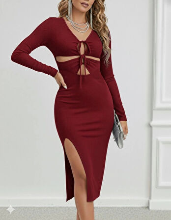 Kadın Uzun Kollu Göğüs Ve Göbek Dekolte Detay Sandy Midi Boy Elbise