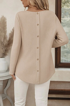 Kadın Uzun Kollu Yuvarlak Yaka Arkadan Düğmeli Waffle Bluz