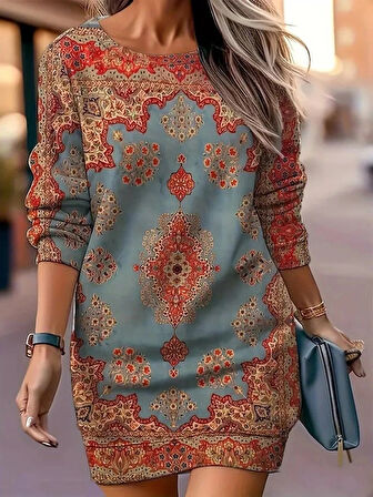 Kadın Uzun Kollu Yuvarlak Yaka Desenli Mini Modal Elbise