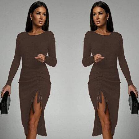 Kadın Uzun Kollu Yandan Büzgülü Yırtmaç Detay Kaşkorse Midi Boy Elbise