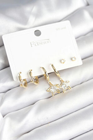 Pirinç Gold Renk Yıldız Model 925 Gümüş Çivili Kadın Küpe Seti