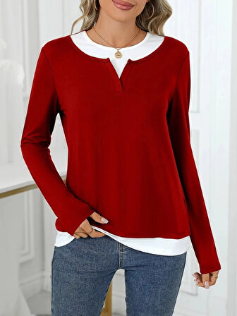 Kadın Uzun Kollu V Yakalı çift Renkli Viskon Iki Iplik Bluz