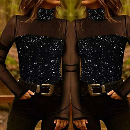 Kadın Siyah Uzun Kollu Kolları Ve Dekolte Tül Ve Payet Detay Balıkçı Yaka Bluz