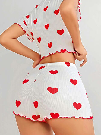 Kadın Beyaz kırmızı kalp Desenli şortlu Gecelik Takım 5023