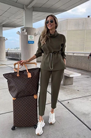 Kadın Uzun Kollu Balıkçı Yaka Belden Lastikli Modal Bluz Ve Pantolon Ikili Takım
