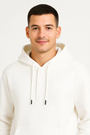 Erkek Ovarsize Kapüşonlu Swetshirt Kanguru Çepli Cıtcıtlı 3 Iplik Şardonlu Hoodie - Beyaz