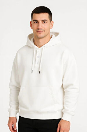 Erkek Ovarsize Kapüşonlu Swetshirt Kanguru Çepli Cıtcıtlı 3 Iplik Şardonlu Hoodie - Beyaz