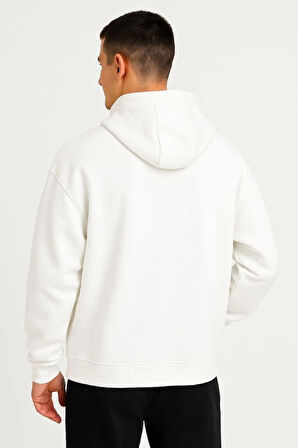 Erkek Ovarsize Kapüşonlu Swetshirt Kanguru Çepli Cıtcıtlı 3 Iplik Şardonlu Hoodie - Beyaz