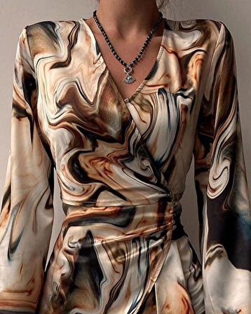 Kadın Uzun Kollu Kruvaze Yakalı Asimetrik Detaylı Mini Modal Elbise