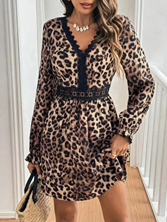 Kadın Uzun Kollu V Dantel Yakalı Leopar Desenli Modal Mini Elbise
