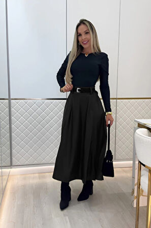 Kadın Yüksek Belli Maxi Deri Kemersiz Etek