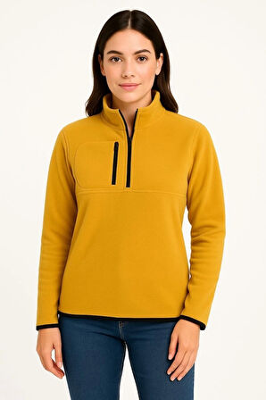 Polar Kazak – Dik Yaka, Yarım Fermuarlı, Fermuarlı Göğüs Cepli, Siyah Biyeli, Kışlık Rahat Regular Fit Günlük Model - Sarı