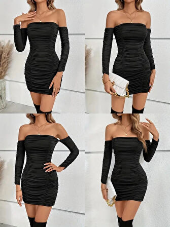 Kadın Uzun Kollu Omuzlardan Açık Takma Kollu Büzgülü Sandy Kısa Elbise