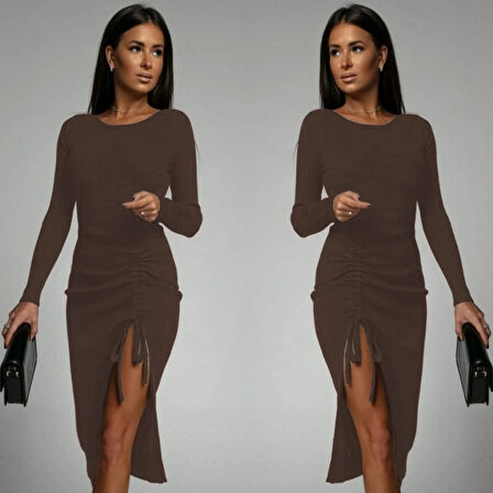 Kadın Uzun Kollu Yandan Büzgülü Yırtmaç Detay Kaşkorse Midi Boy Elbise