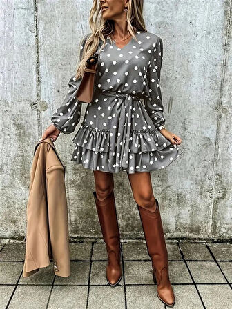 Kadın Uzun Kollu V Yakalı Belden Kuşaklı Puantiyeli Mini Modal Elbise