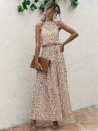 Kadın Daire Yakalı Beli Lastikli Desenli Süprem Elbise