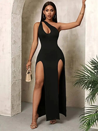 Kadın Tek Omuzdan Açık Damla Detaylı Yırtmaç Detaylı Uzun Janjan Krep Elbise