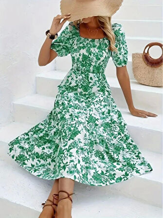 Kadın Kısa Kollu Kare Yakalı Lastikli Desenli Süprem Elbise