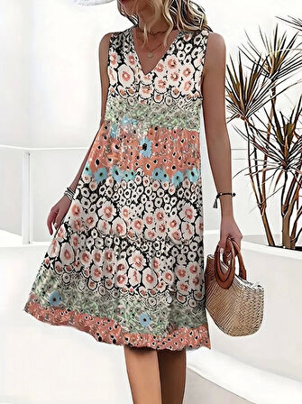 Kadın Kolsuz V Yaka çiçek Desenli Süprem Elbise