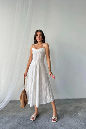 SİMLİ ÇİZGİLİ ASKILI ELBİSE MİDİ BOY - Kahverengi