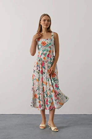 Çiçek Desenli Askılı Elbise - Pembe Çiçek