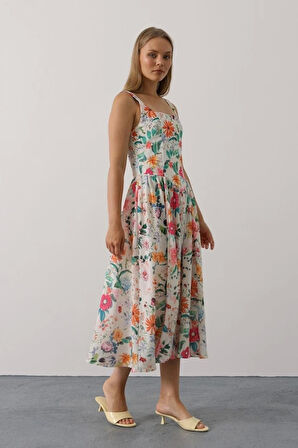 Çiçek Desenli Askılı Elbise - Pembe Çiçek