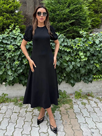 Kadın Kısa Balon Kollu Bisiklet Yaka Geniş Kesim Janjan Krep Elbise