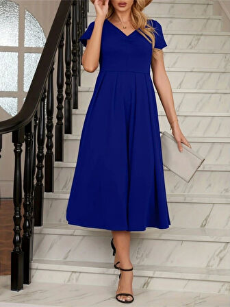 Kadın Kısa Kollu V Yakalı önden Pileli Midi Janjan Krep Elbise