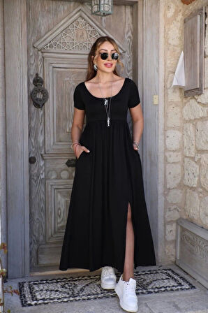 Kadın Kısa Kollu Yuvarlak Yaka önden Yırtmaçlı Cepli Viskon Uzun Elbise