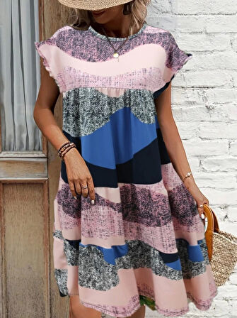 Kadın Kısa Kollu Bisiklet Yaka Kare Desenli Dalgıç Elbise