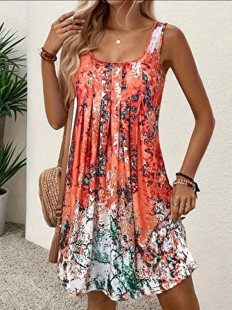 Kadın Sıfır Kollu Kare Yaka önden Pileli Salaş Süprem Elbise