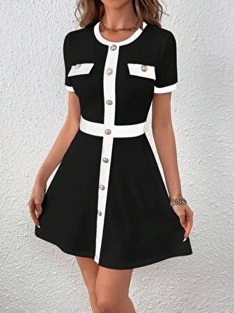 Kadın Kısa Kollu Bisiklet Yaka önden Düğmeli Modal Elbise