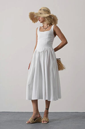 Askılı Uzun Elbise - Beyaz