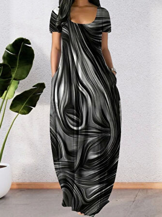 Kadın Kısa Kollu Yuvarlak Yaka Cepli Salaş Baskılı Süprem Elbise