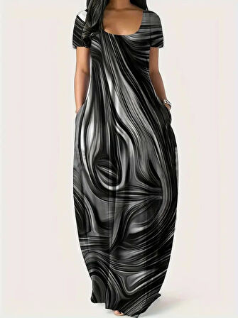 Kadın Kısa Kollu Yuvarlak Yaka Cepli Salaş Baskılı Süprem Elbise